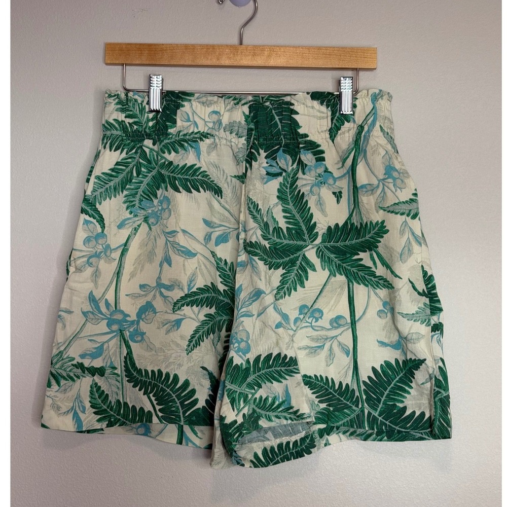 H&M Linen Blend Tropical Fern Print Shorts Green White High Waist Pockets M